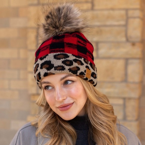 SOLD OUT Leopard Red Buffalo Check Faux Fur Pom Beanie - Picture 6 of 6